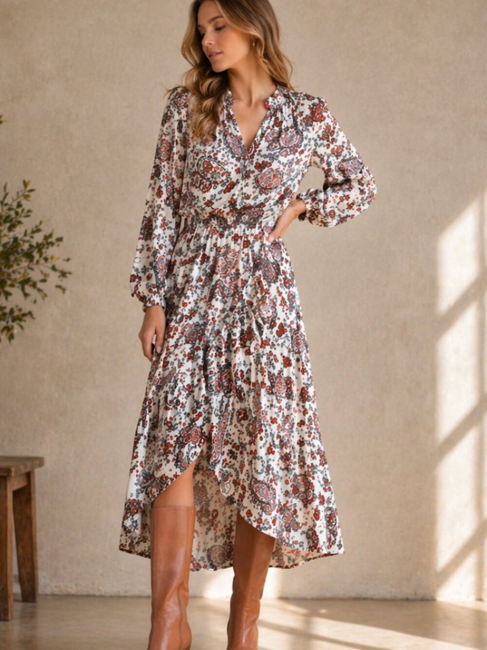 Banana Republic NWT Floral Paisley Long Sleeve Ruffle V-Neck Midi Dress Size 6